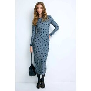 ARIAS NEW YORK Polka Dot Long Sleeve Ruched Midi Dress Gray Black Size xs